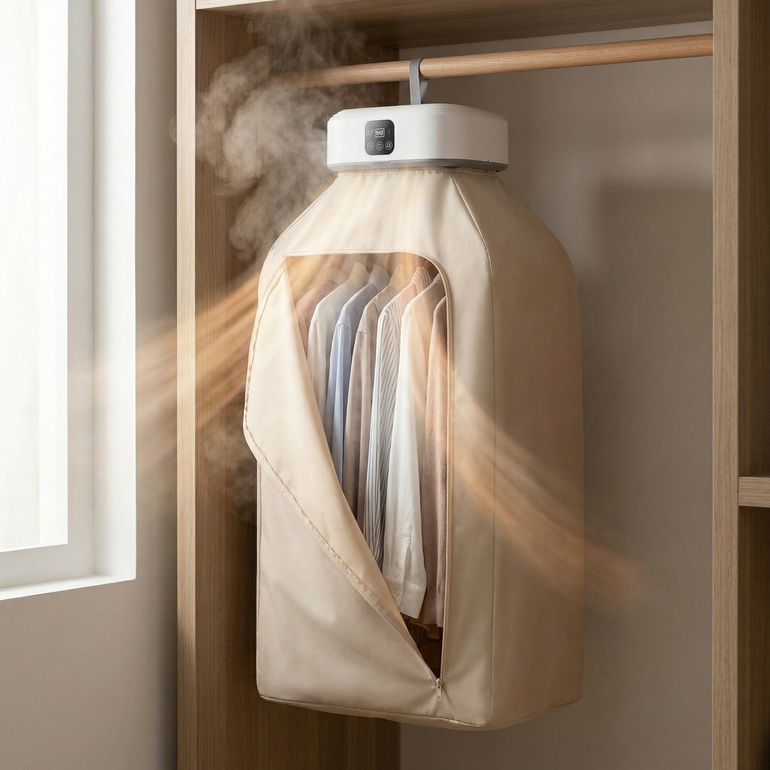 AI-generated product image: Electric clothes dryer in use, showing shirts and blouses hanging inside the pro